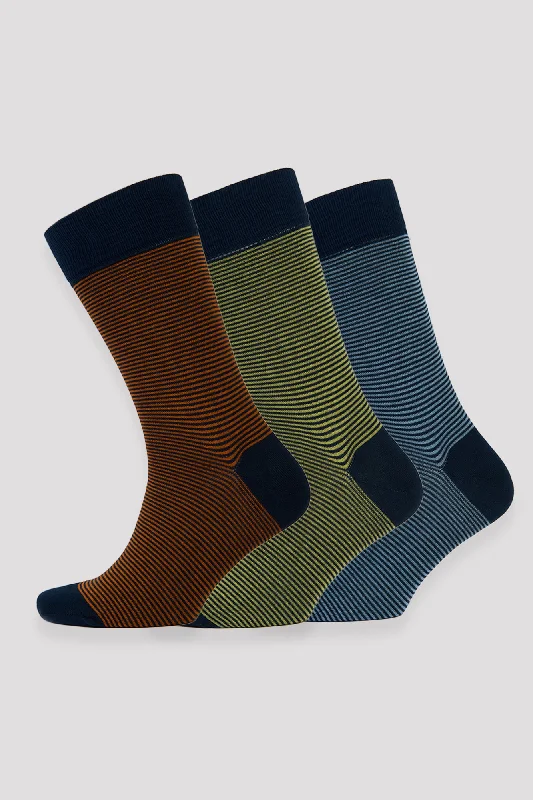 Everyday Cotton Sock Fine Stripe 3 Pack - Orange/Yellow/Sky Blue