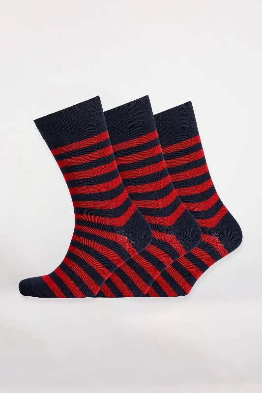 Everyday Cotton Sock Stripe 3 Pack - Navy/Red