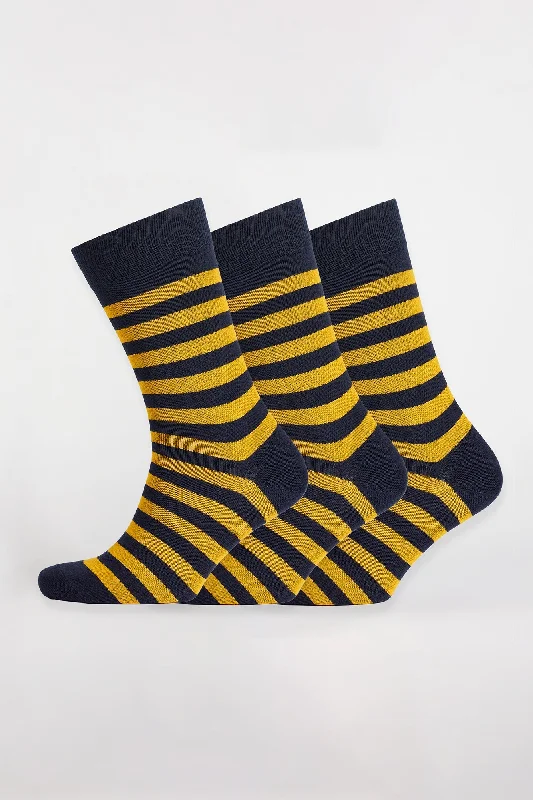 Everyday Cotton Sock Stripe 3 Pack - Navy/Yellow