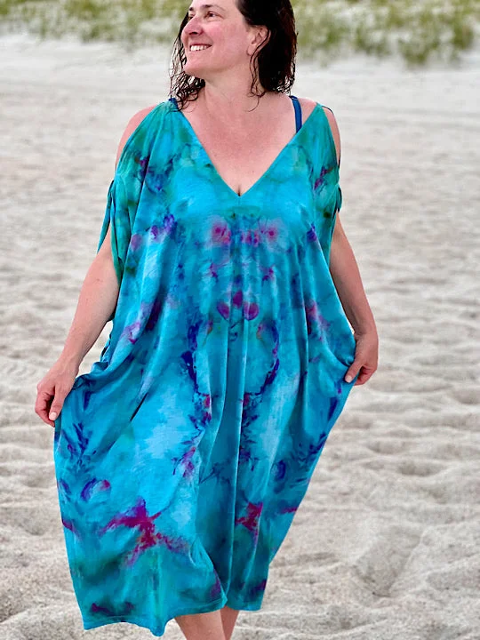 Tie Dye Cold Shoulder Kaftan - Carribbean Blue - One Size