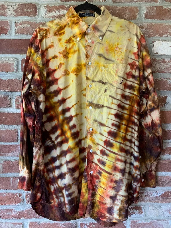 Tie Dye Long Sleeve Men's Button Work Shirt - Golden Brown - M