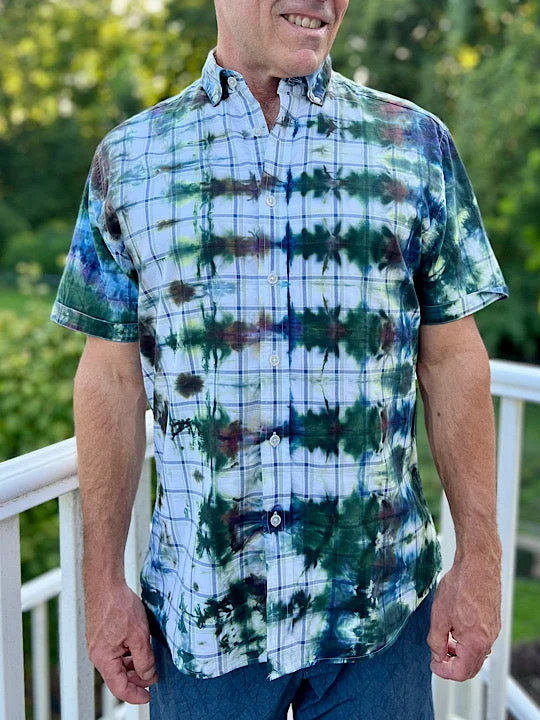 Tie Dye Short Sleeve Men's Shirt  Green Grids - L