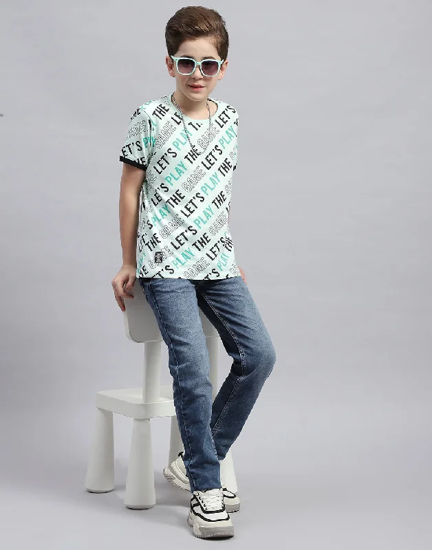 Boys Aqua Blue Printed Round Neck Half Sleeve T-Shirt