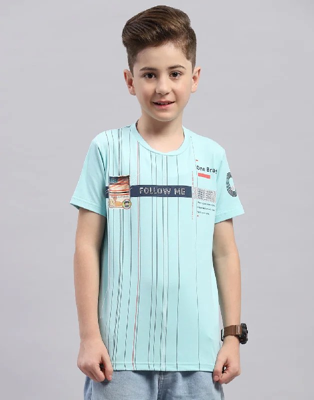 Boys Aqua Blue Printed Round Neck Half Sleeve T-Shirt