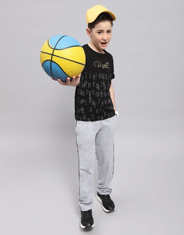 Boys Black Printed Round Neck Half Sleeve T-Shirt