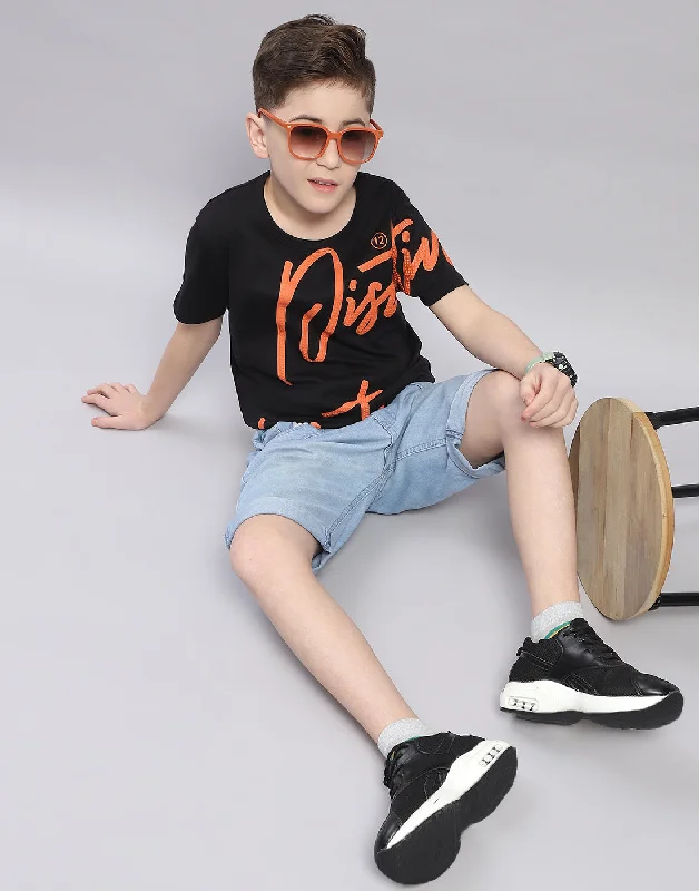 Boys Black Printed Round Neck Half Sleeve T-Shirt