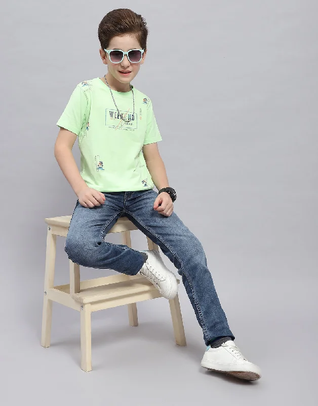 Boys Green Printed Round Neck Half Sleeve T-Shirt