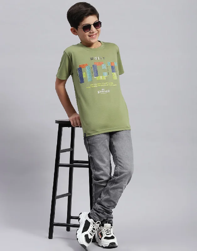 Boys Green Printed Round Neck Half Sleeve T-Shirt