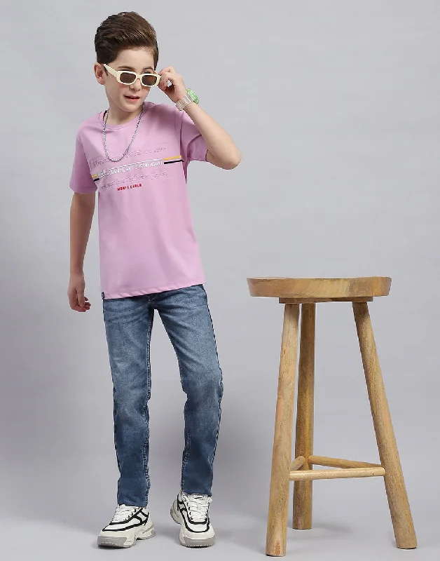 Boys Mauve Printed Round Neck Half Sleeve T-Shirt