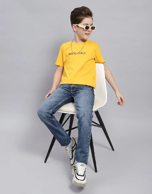 Boys Mustard Printed Round Neck Half Sleeve T-Shirt