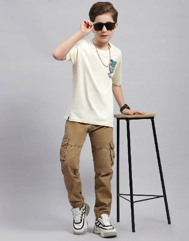 Boys Off White Printed Round Neck Half Sleeve T-Shirt