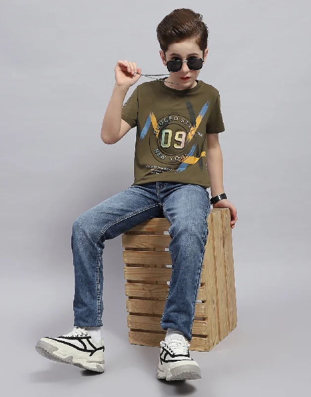 Boys Olive Printed Round Neck Half Sleeve T-Shirt