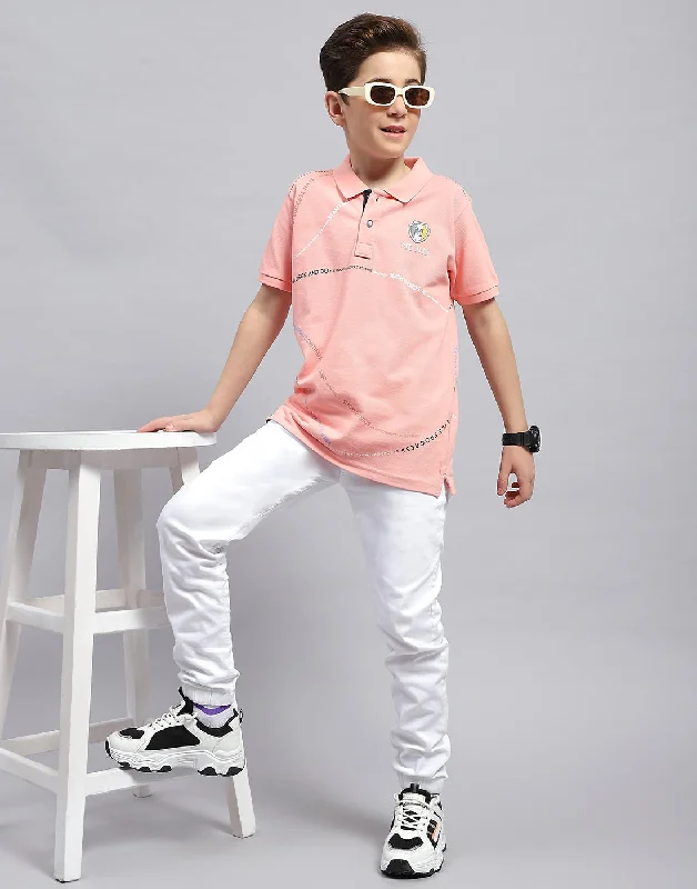 Boys Pink Printed Polo Collar Half Sleeve T-Shirt