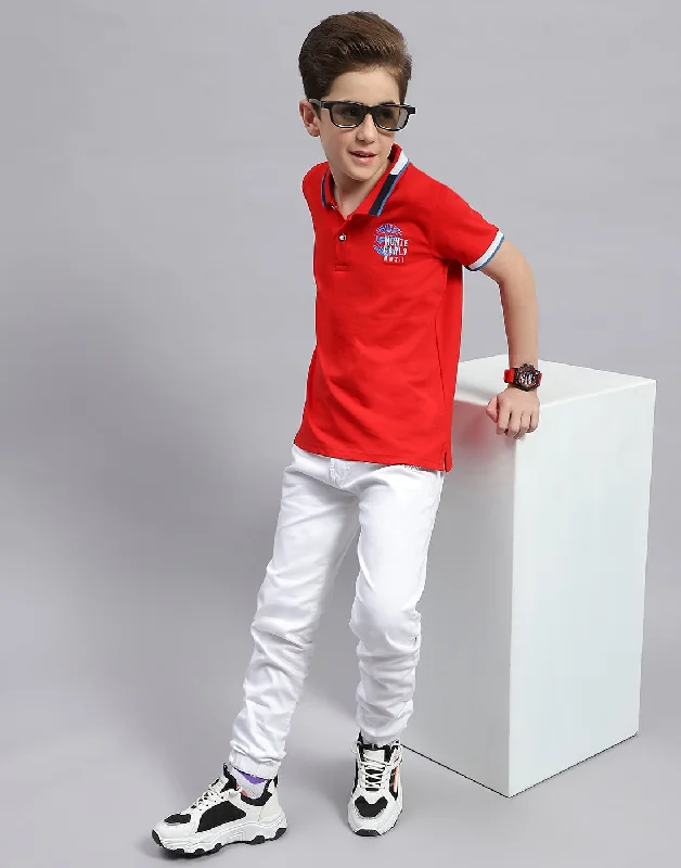 Boys Red Printed Polo Collar Half Sleeve T-Shirt