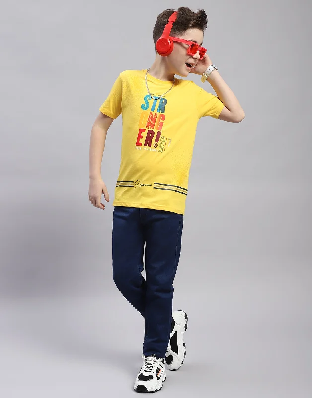 Boys Yellow Printed Round Neck Half Sleeve T-Shirt