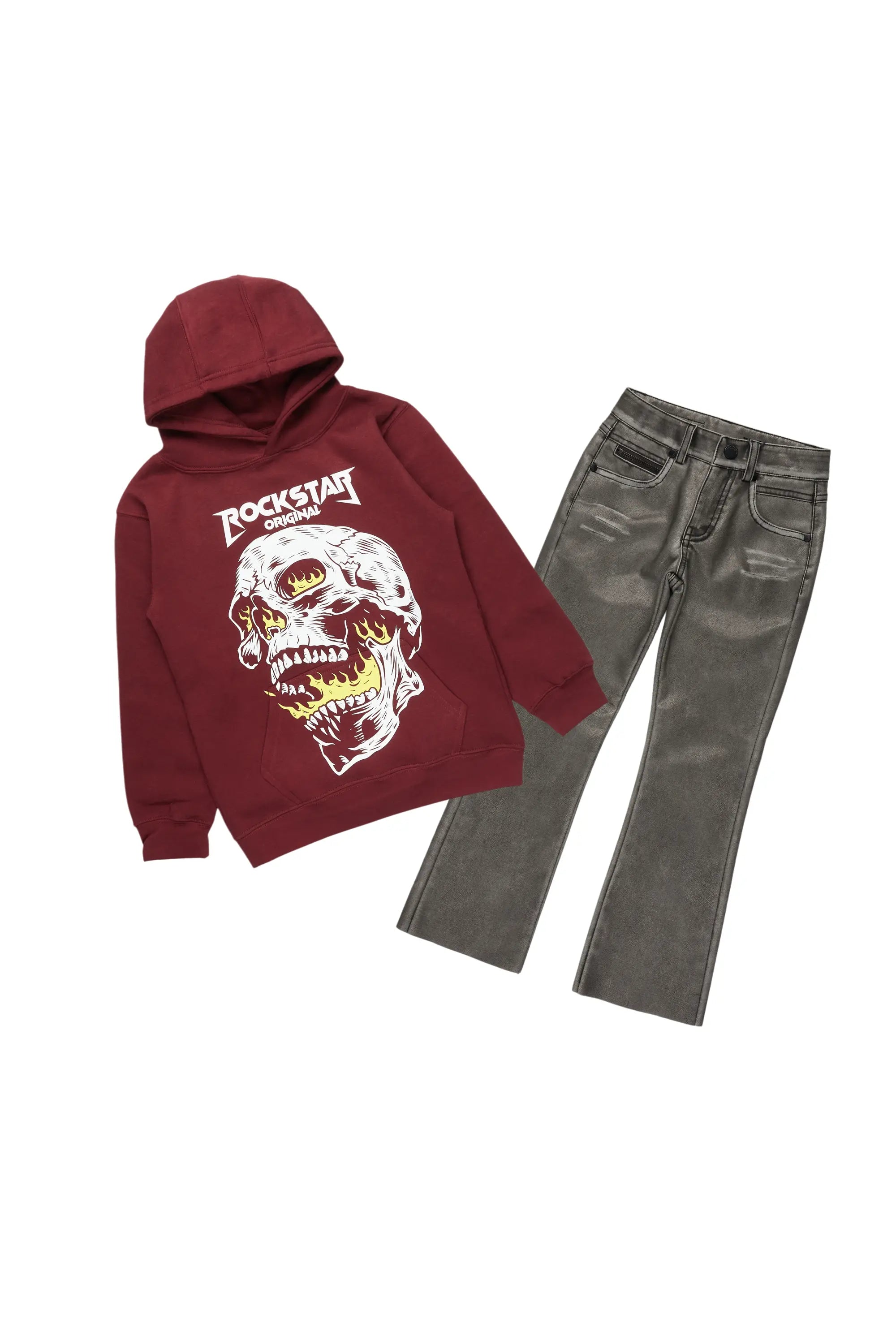 Boys Friso Maroon Hoodie/Stacked PU Jean Set