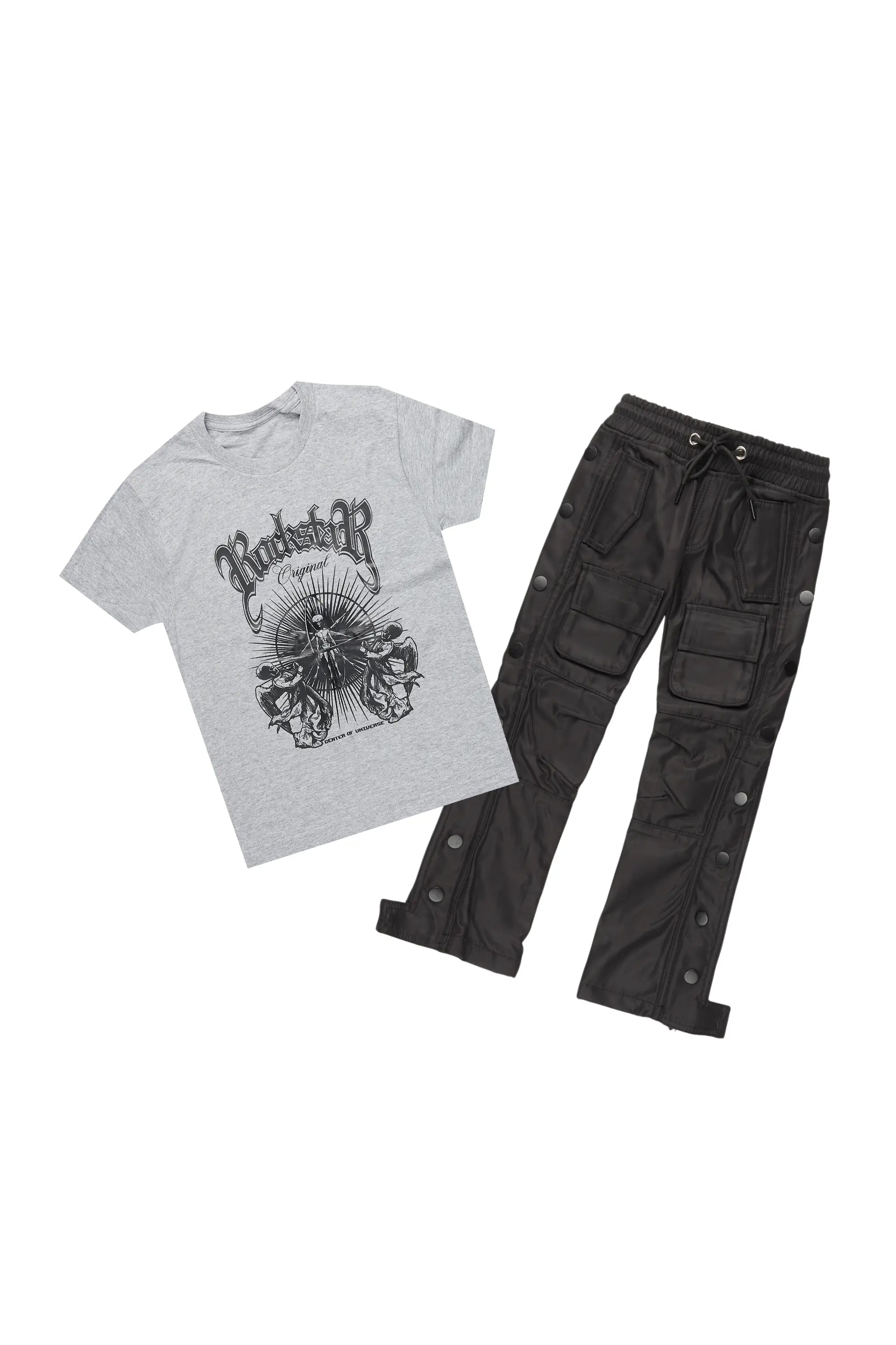 Boys Agron Grey/Black T-Shirt/Nylon Pant Set