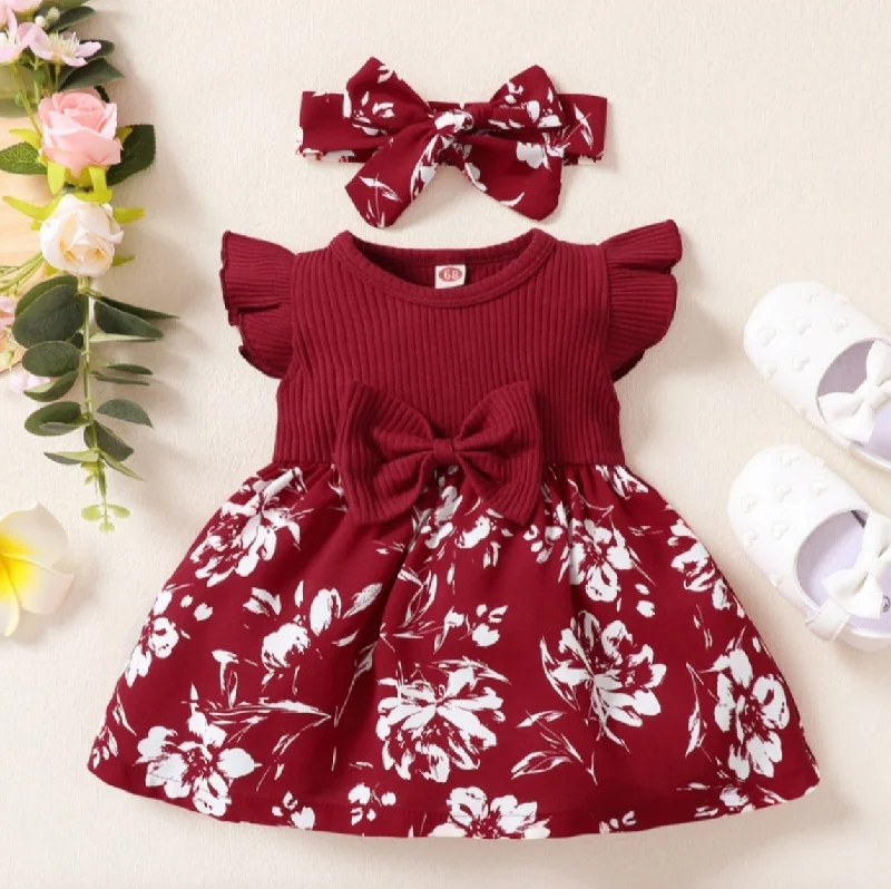 Girls' Cute Floral Flying Sleeve Dress Hair Band Two-piece Set