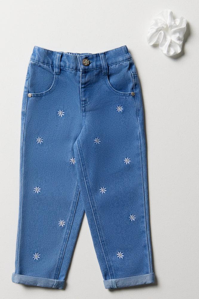 Mini Mom Denim Jeans With Daisy Embroidery Blue