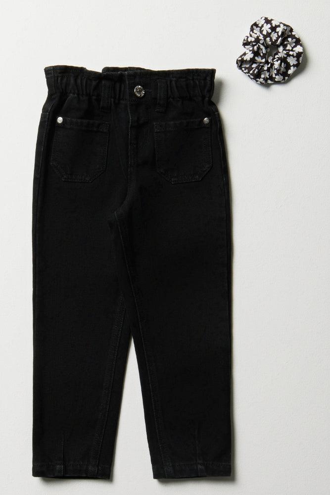 Mini Mom Paperbag Denim Jeans With Hair Tie Black