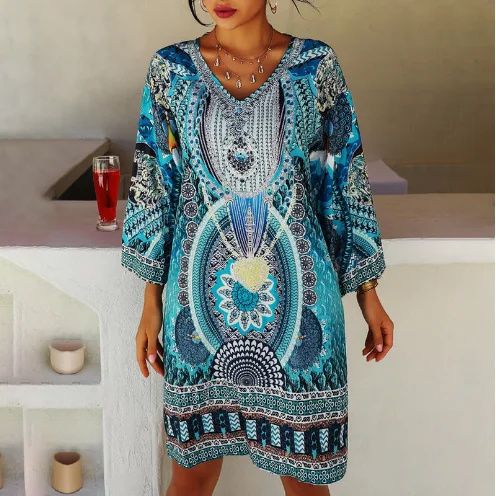 Printed Long-sleeve V-neck Casual Dress