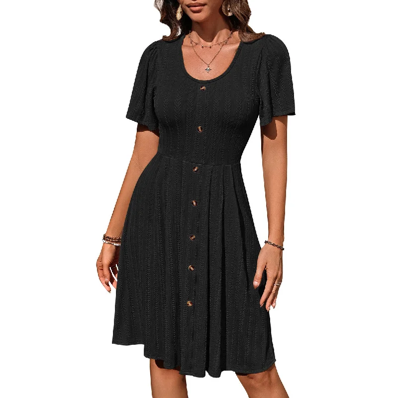 Stylish Summer U-Neck Short-Sleeve Button Dress