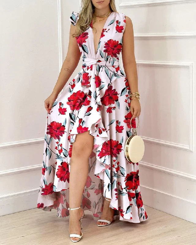 Women's High-waisted Red Stand Collar Printed Commuter Sleeveless Dress